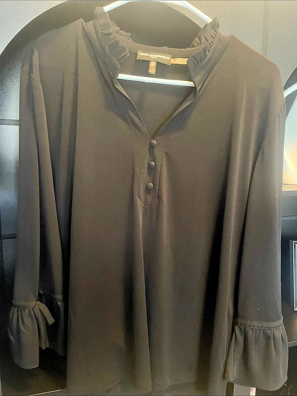 KARL LAGERFELD Black Ruffle Cuff Blouse Size XL Like New
